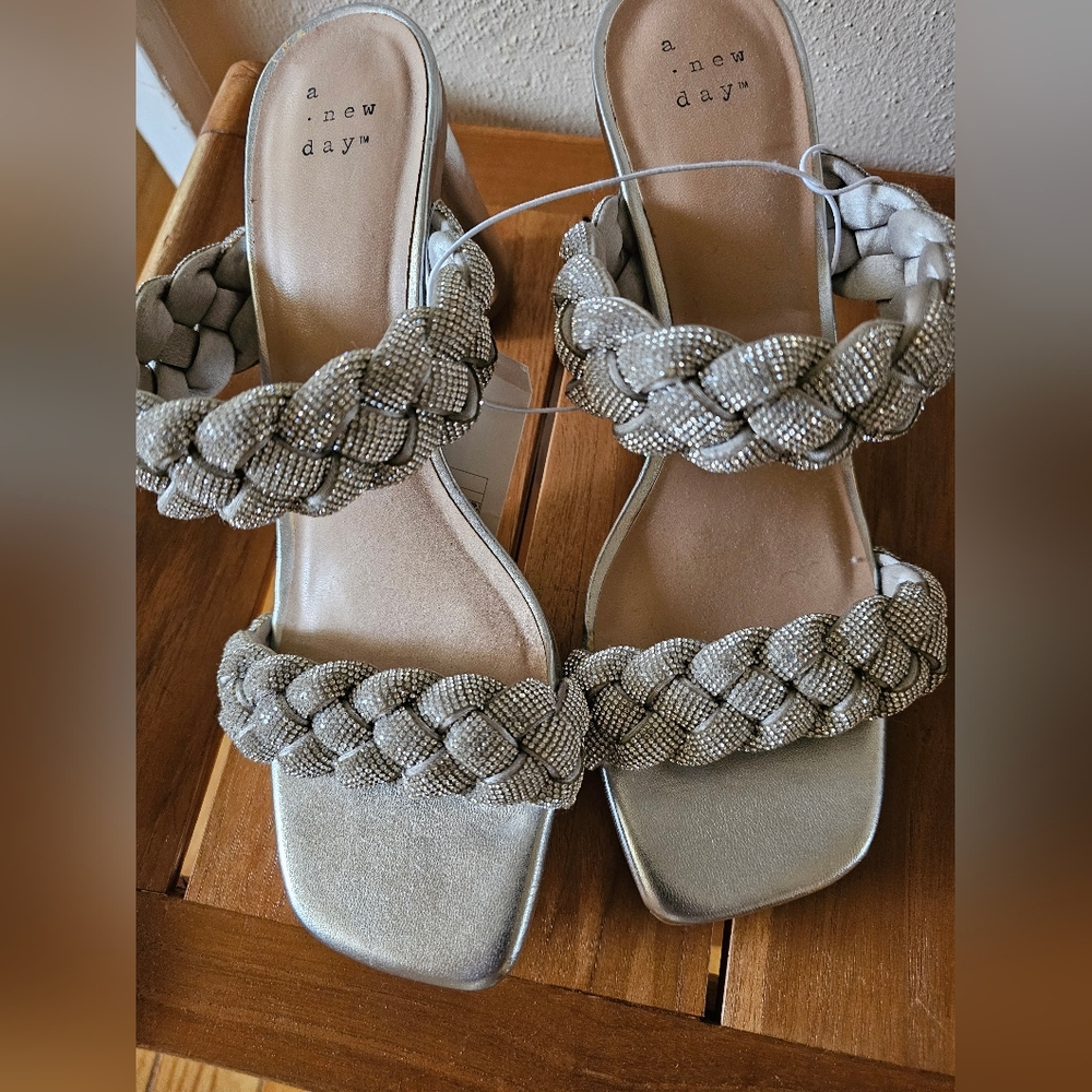 A New Day -Silver Braided Beaded Slide Heels